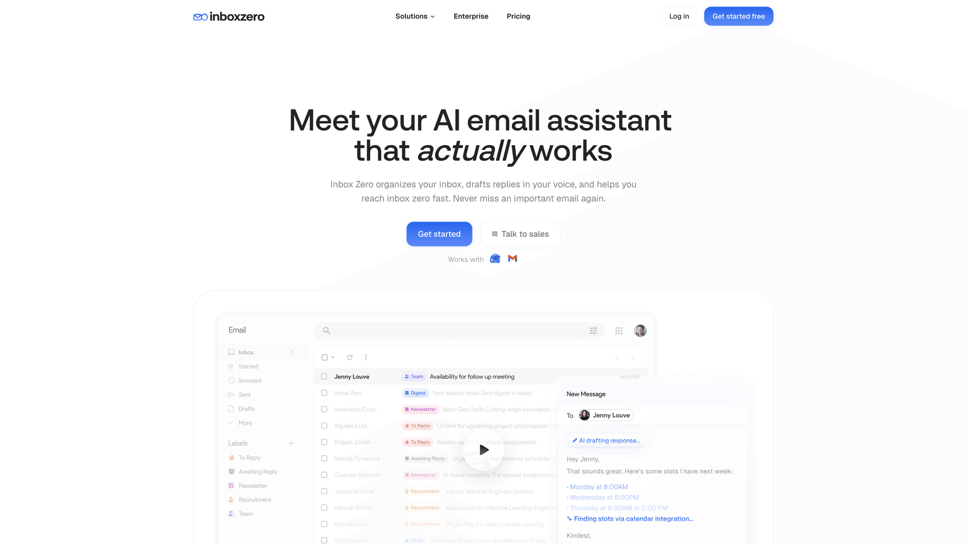 Inbox Zero AI email assistant homepage showing product features and benefits