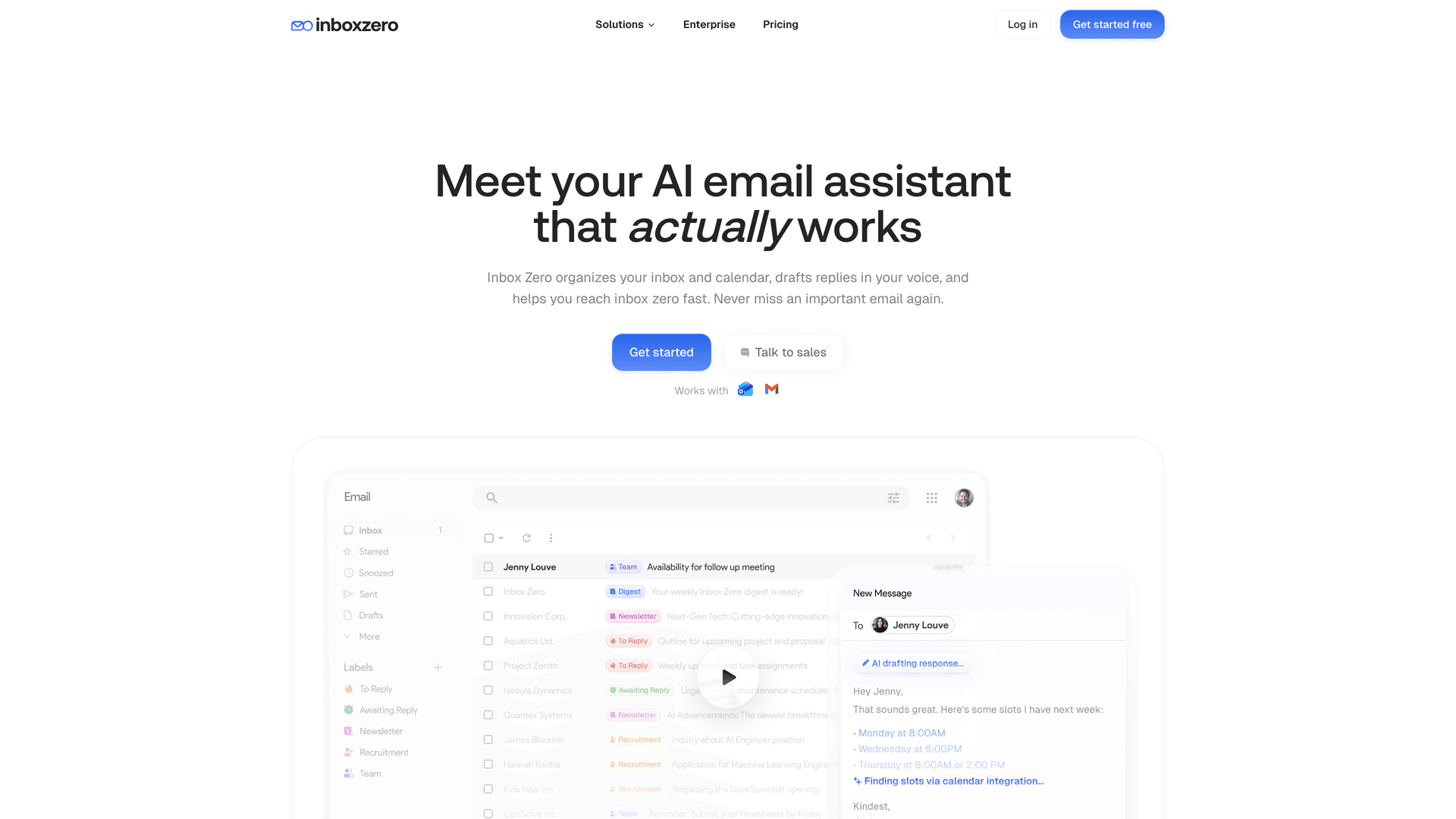 Inbox Zero homepage showing AI email assistant features including rule engine, draft-first automation, and open-source transparency for DLP-aware workflows